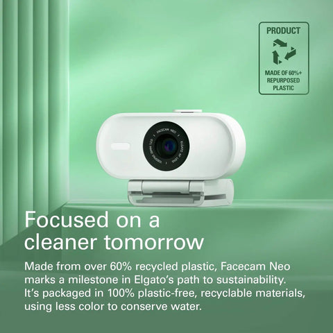 Pro 1080p Webcam Featuring Slick 60Fps Video And Secure Privacy Shutter For Instant Plug And Play Action On Laptops And Desktops. White webcam on green background.