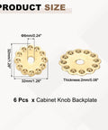Six Pack Brass Cabinet Backplates With Vintage Flower Design Decorative Brass Gasket Washers For Cabinets Doors Drawers Closets 1 Inch Size Easy DIY Hardware Upgrade Durable Classic Finish, product dimensions and features displayed.