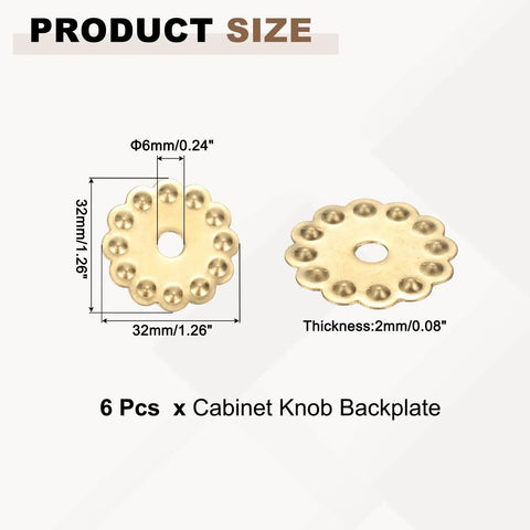 Six Pack Brass Cabinet Backplates With Vintage Flower Design Decorative Brass Gasket Washers For Cabinets Doors Drawers Closets 1 Inch Size Easy DIY Hardware Upgrade Durable Classic Finish, product dimensions and features displayed.