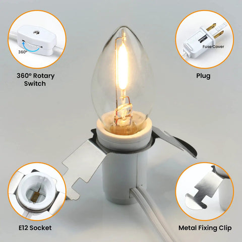 Clip In LED Light Cord 6ft With On Off Switch No Fuss Replacement Blow Mold Lamp Cord details including C7 bulb and components