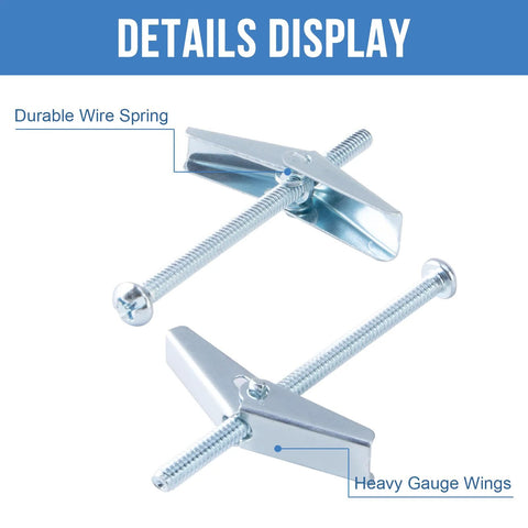 Three Eighths Inch Toggle Bolts Set Of Twelve Heavy Duty Drywall Anchors For Hollow Walls And Ceilings Metal Butterfly Anchors In Zinc Plated Carbon Steel Rust Resistant Easy To Install And Durable, showing details display of durable wire spring and heavy gauge wings.