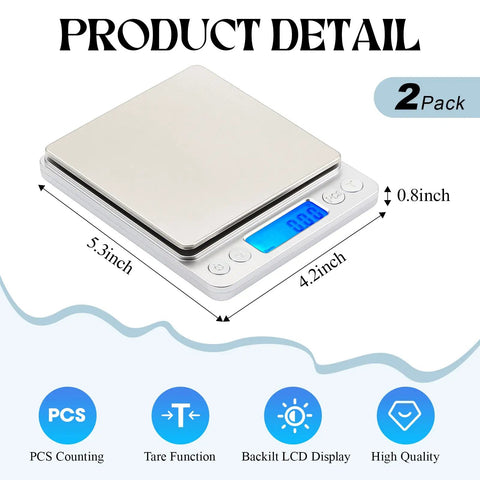 Two Pack Digital Gram Scale 500g Capacity with 0.01g Readability and LCD Display, Stainless Steel, Multifunction Kitchen Scale dimensions