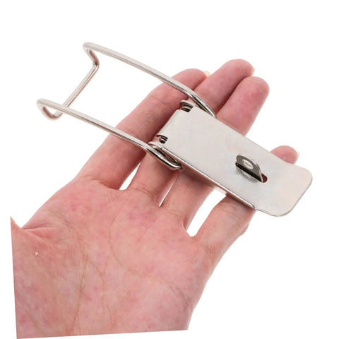 A person holding a Stainless Steel Toggle Clamp With Extended Hook For Toolboxes And Barrels Heavy Duty Spring Duckbill Latch Set 6 Pack Tough As Nails
