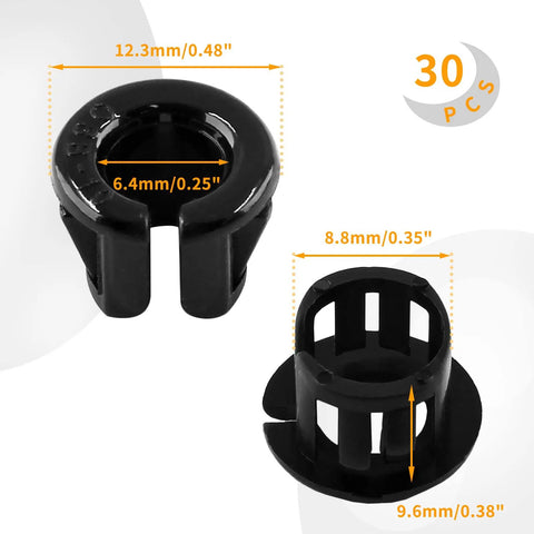 Open Snap Bushing Three Eighths Inch Nylon Cable Grommet Protector OSB 10 Pack 30 Pcs Durable Plastic Shield For Auto And Electronics Corrosion Resistant Easy Snap In Mounting Inner 6.4mm Outer 12.3mm, black nylon bushing with size labels