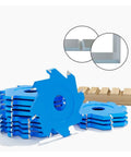 Heavy Duty Carbide Tipped Circular Saw Blade For Aluminum Composite Panels And Biscuit Joints With A Killer Sharp 6 8 Or 12 Tooth Edge For Smooth V Groove And U Channel Cuts At 95 Mm And 20mm Bore, featuring blue saw blades stacked with a wooden piece.