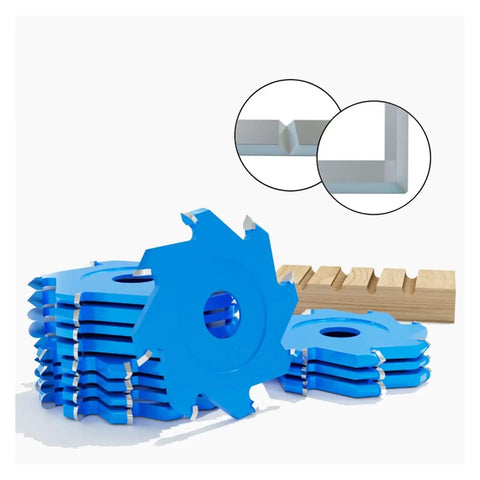 Heavy Duty Carbide Tipped Circular Saw Blade For Aluminum Composite Panels And Biscuit Joints With A Killer Sharp 6 8 Or 12 Tooth Edge For Smooth V Groove And U Channel Cuts At 95 Mm And 20mm Bore, featuring blue saw blades stacked with a wooden piece.