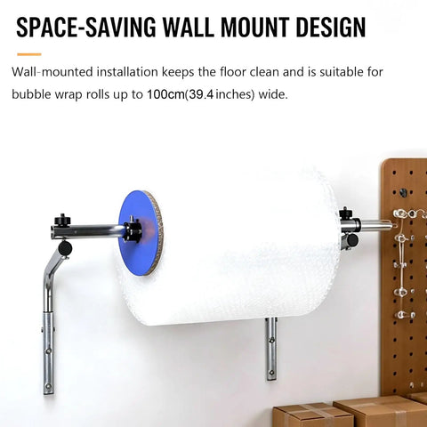 No Sweat Wall Mount Bubble Wrap Roll Dispenser With Flexible Snap Connector And Secure Side Locks For Pro Warehouse Shipping Or Heavy Weekend Moving Day Packing Jobs, wall-mounted with bubble wrap roll.
