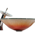 USZWBY Bathroom Vessel Sink,Tempered Glass Vessel Sink Bowl with Faucet Set,Round Bowl Artistic Vanity Sinks,Counter Top Installation Sink with Pop Up Drain, round orange gradient sink bowl with modern faucet.