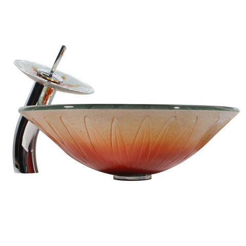 USZWBY Bathroom Vessel Sink,Tempered Glass Vessel Sink Bowl with Faucet Set,Round Bowl Artistic Vanity Sinks,Counter Top Installation Sink with Pop Up Drain, round orange gradient sink bowl with modern faucet.