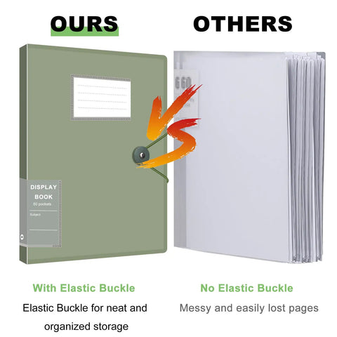 Comparison of Rugged Binder With Clear Sleeves And 60 Sheet Protectors to a standard binder, showing elastic buckle feature