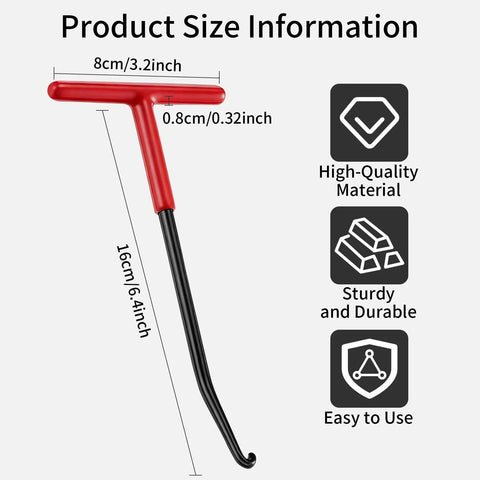 Side view of exhaust spring puller with red T-handle and black shaft; 16 cm long, 8 cm wide handle; 2-piece set.