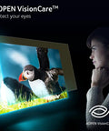 Woman watching AOPEN VisionCare display with a puffin on screen, promoting eye protection technology.