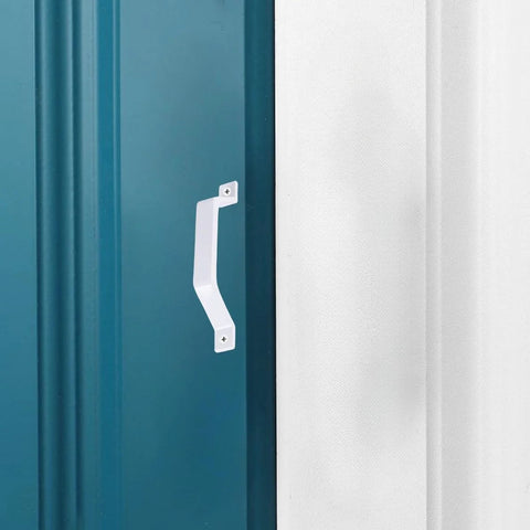 2 Pack Sliding Barn Door Handles In White, 6.1 Inch Long Aluminum Alloy Gate Handles For Garage Doors mounted on blue door