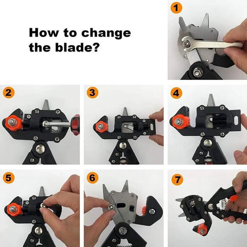 Pro Grade 2-In-1 Grafting And Pruning Tool With Replaceable Omega Cut V Cut And U Cut Blades SK5 Steel Durable ABS Handle In Black And Orange Heavy-Duty Pruner For Precise Grafts And Efficient Garden Pruning blade change steps