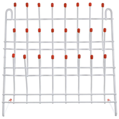 No Sweat Laboratory Beaker Drying Rack With 24 Position Test Tube Draining Holder, white plastic, front view.