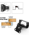 Diagram and close-up of 10 Pack Half Inch Overlay Self Closing Cabinet Hinges for Face Frame Cabinets with black finish.