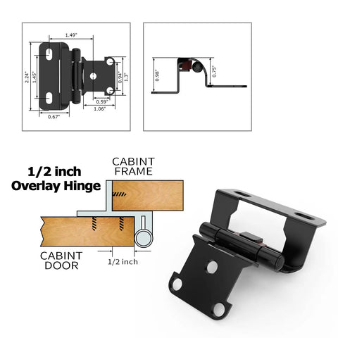 Diagram and close-up of 10 Pack Half Inch Overlay Self Closing Cabinet Hinges for Face Frame Cabinets with black finish.