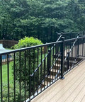 Level Deck Railing Kit With Square Balusters And Mounting Brackets, 72 Inch Top And Bottom Rails, 36 Inch High Outdoor Fence System, showcasing sleek black balusters and wood decking.