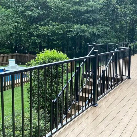 Level Deck Railing Kit With Square Balusters And Mounting Brackets, 72 Inch Top And Bottom Rails, 36 Inch High Outdoor Fence System, showcasing sleek black balusters and wood decking.