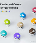 Colorful cartoon mushroom models 3D printed using PLA filament offering a variety of colors for your printing, image by Salvadori3D.