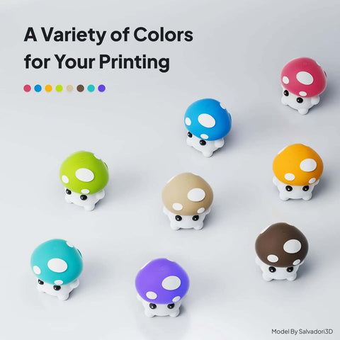 Colorful cartoon mushroom models 3D printed using PLA filament offering a variety of colors for your printing, image by Salvadori3D.