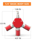 Red Aluminum 3 Way One Quarter Inch NPT Air Manifold With Hex Style Includes Three Steel Couplers And Plugs Quick Connect Fittings