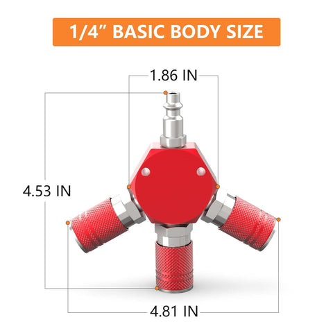 Red Aluminum 3 Way One Quarter Inch NPT Air Manifold With Hex Style Includes Three Steel Couplers And Plugs Quick Connect Fittings