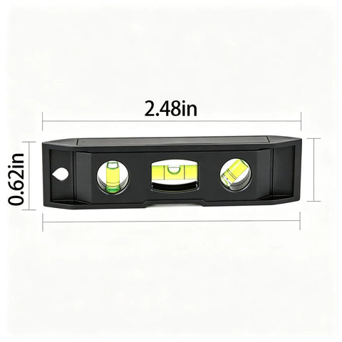 Magnetic Torpedo Level 6 Inch, 3 Bubble Spirit Measuring Tool with dimensions, showing black body and acrylic vials.