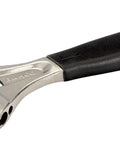 8 Inch SAE Big Mouth Adjustable Wrench With Wide Jaw And Slim Head, True Ergo Grip For Tight Spaces, A Beast For Maintenance, Plumbing And Electrical Repairs, Easy To Use In Cramped Sinks And Panels. Chrome wrench with black grip, open jaw view.