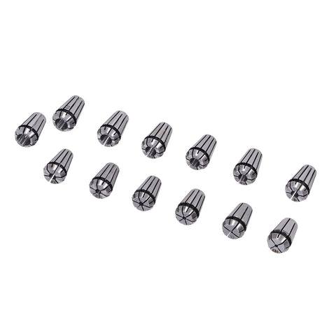 13 Piece ER11 Spring Collet Set 1mm to 7mm for Milling Lathe Chucks arranged in a row.