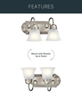Brushed Nickel 2 Light Vanity Bath Light With Satin Etched Glass Shades, Sleek Modern Bathroom Fixture, 12.25 Inch Wide, dual mounting options