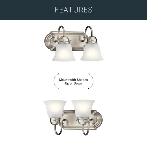 Brushed Nickel 2 Light Vanity Bath Light With Satin Etched Glass Shades, Sleek Modern Bathroom Fixture, 12.25 Inch Wide, dual mounting options