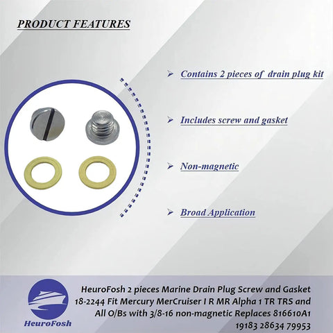 Image of 2 Pack Marine Lower Unit Oil Drain Plug Screw With Gasket Non Magnetic Three Eighths Inch Sixteen Thread Fits Mercury MerCruiser Alpha One MR TR And All Outboard Gear Cases Replacement Kit showing screws and gaskets.
