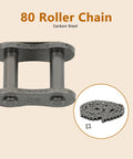 Close-up of ANSI 80 roller chain, carbon steel, connecting link, with coiled chain and link shown for machinery and conveyor systems