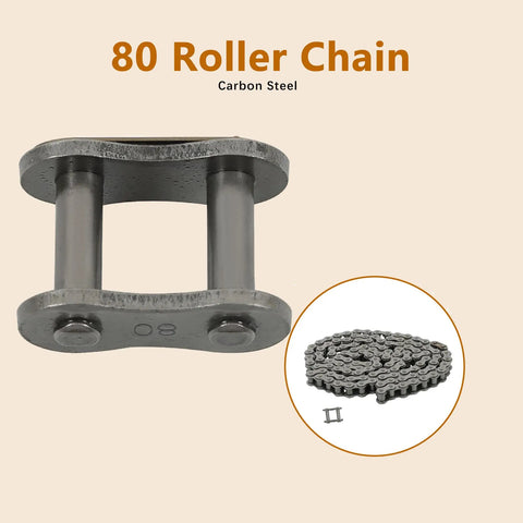 Close-up of ANSI 80 roller chain, carbon steel, connecting link, with coiled chain and link shown for machinery and conveyor systems