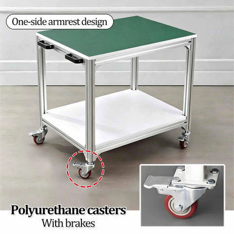 Top Shelf Antistatic Rolling Workbench With Slick Wheeled Aluminum Frame Heavy Duty Prep Table, showcasing polyurethane casters with brakes.