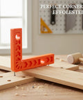 3 Inch Square Positioning Jig Boasts Dead Nuts Accurate 90 Degree Alignment For Cabinet Buildouts Woodworking Corner Clamps DIY Orange Tool clamped to wood.