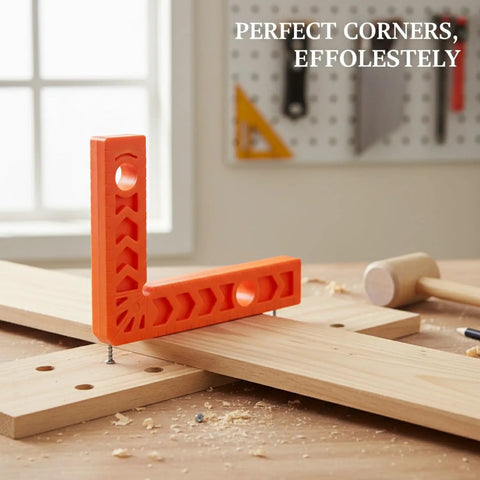 3 Inch Square Positioning Jig Boasts Dead Nuts Accurate 90 Degree Alignment For Cabinet Buildouts Woodworking Corner Clamps DIY Orange Tool clamped to wood.