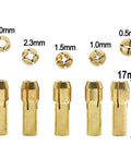 Grab These Awesome 6 Sets Of Brass Mini Drill Collets With Secure 4 Jaw Clamping For Electric Motors. 2mm and 3.17mm sizes displayed.