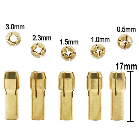 Grab These Awesome 6 Sets Of Brass Mini Drill Collets With Secure 4 Jaw Clamping For Electric Motors. 2mm and 3.17mm sizes displayed.