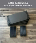 Built Tough 42 Inch Plastic Resin Four Tier Shelving Rack Featuring Easy Clean Solid Panels And A Rock Solid Seven Hundred Pound Weight Capacity For Serious Household Organization Needs, parts laid out for assembly.