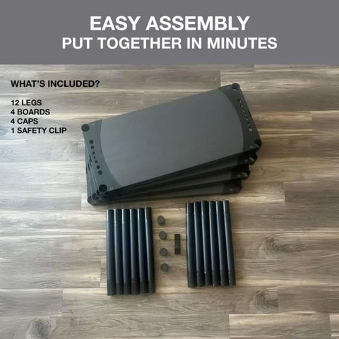 Built Tough 42 Inch Plastic Resin Four Tier Shelving Rack Featuring Easy Clean Solid Panels And A Rock Solid Seven Hundred Pound Weight Capacity For Serious Household Organization Needs, parts laid out for assembly.