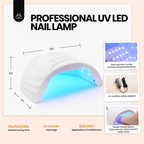 Professional UV LED nail lamp for 75-piece gel nail kit with curing beads and dimensions shown.