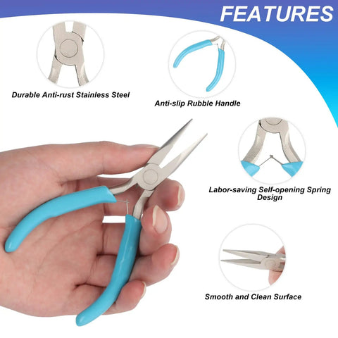 Hand holding Needle Nose Pliers For Jewelry Making And Beading, Precision Chain Nose Pliers For Wirework And Repair with blue handles