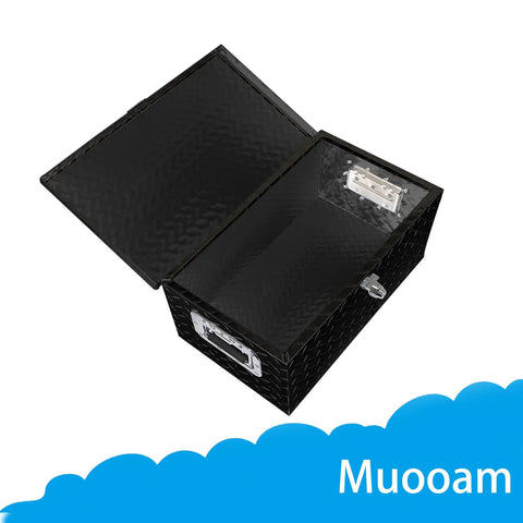 Heavy Duty Aluminum Tool Box 20x12x9.5 Inch Black Cargo Trunk For Pickup Truck Bed And RV With Reinforced Snap Lock Latch open with storage space