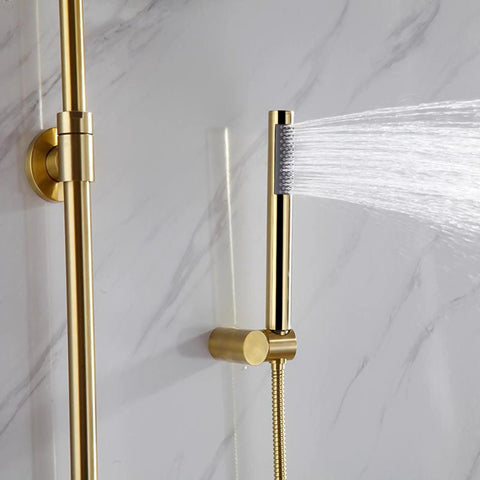 Wall Mounted Exposed Shower System Brushed Gold 3 in 1 with handheld sprayer and water flow, installed on marble wall.
