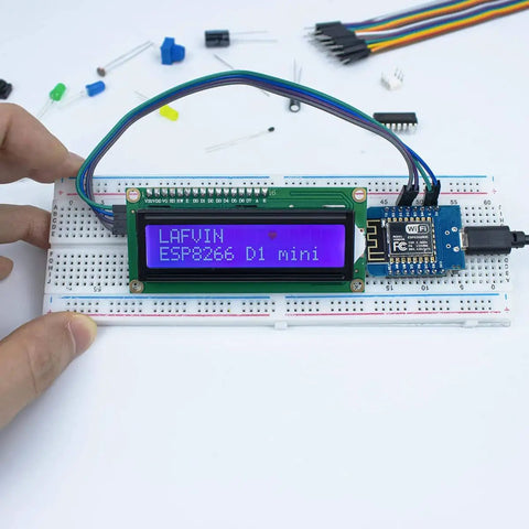 Five Pack D1 Mini NodeMCU ESP8266 ESP-12F WiFi Dev Board Bundle on breadboard with LCD display for Arduino IDE IoT prototyping