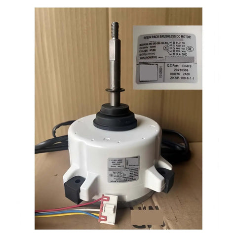Air Conditioning Brushless DC External Motor WZDK100-38G ZKSP-100-8-1-1 on cardboard background, wiring visible.