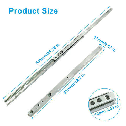 12 Inch Full Extension Drawer Slides Set 21.26 Inch Open Length 2 Pack Metal Ball Bearing Two Way Kitchen Drawer Rails With Mounting Screws Heavy Duty Hardware For Smooth Silent Glides And Easy Installation. Product size diagram showing 540mm/21.26in open length, 310mm/12.2in folded length, 17mm width, 10mm height.