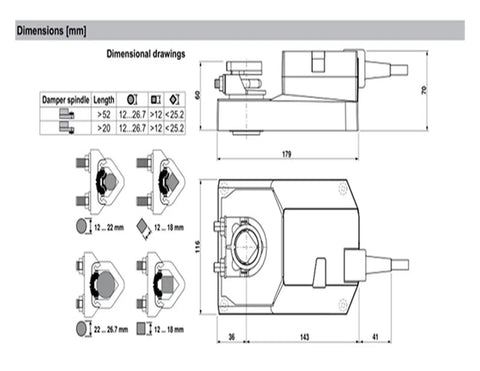 Rock Solid 40Nm 24V Ac Dc Damper Actuator Featuring Plug And Play Wiring For Hvac Air Control Dampers and Ventilation Systems dimensional drawing.